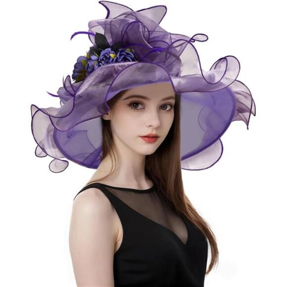 Women Organza Church Tea Party Hats Floral Purple - Picture 1 of 7